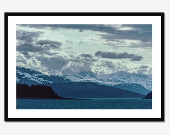 Fine Art Photography Print - Glacier Bay Alaska Color Print Taken from a Kayak with Ocean Foreground and Distant Snow Covered Mountains.