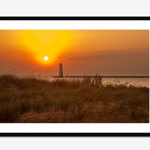 Fine Art Photography Prints - Sun Setting Behind Lake Michigan Light House and Beach Dune Grass Framed Wall Art Home Decor