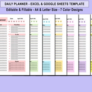 Pode incluir: Sete modelos de planejador diário de cores diferentes com o texto "Daily Planner", "Date", "April 4th", "Schedule", "Priorities", "To Do" e "Notes".