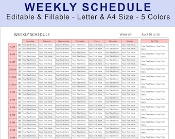 Weekly Schedule Planner Printable. Study Schedule. Weekly Hourly Timetable. Weekly Agenda. EXCEL Spreadsheet - Google Sheets Template.