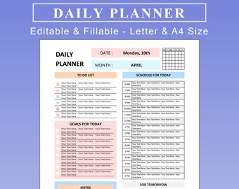 Editable Fillable Printable Dialy Planner. EXCEL Spreadsheets & Google Sheeets. Daily To Do List Planner. Personal Plan Print. Daily Goals.