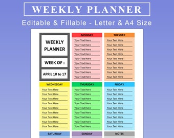 Weekly Planner Editable Fillable Printable. Weekly Planning. Weekly Schedule. Planner Printable. EXCEL Spreadsheets & Google Sheeets.