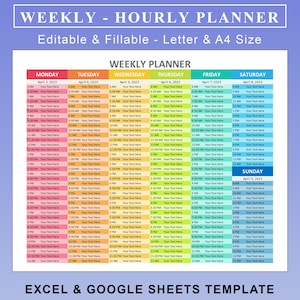 Hourly Weekly Planner Printable Editable. Daily Hourly Planner Printable. EXCEL Editable Printable Planner. Editable Weekly EXCEL Planner.