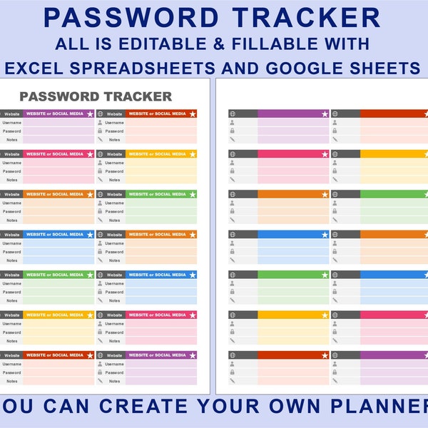 Password Tracker Template for EXCEL Spreasheets. Editable Fillable Printable. Password Tracker. Password Log. Password Organizer.