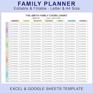 Weekly Family Planner Printable Editable Fillable. Family Schedule - Organizer - Calendar. EXCEL Spreadsheet - Google Sheets Template.