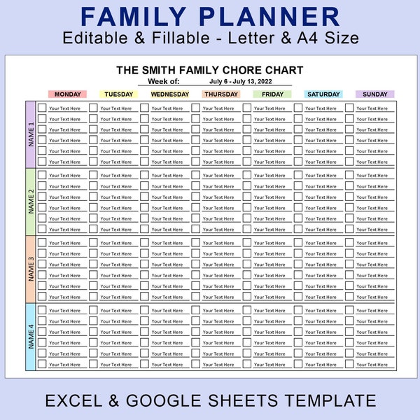 Weekly Family Planner Printable Editable Fillable. Family Schedule - Organizer - Calendar. EXCEL Spreadsheet - Google Sheets Template.