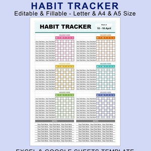 Könnte beinhalten: Eine druckbare Habit-Tracker-Vorlage mit vier Abschnitten, um Gewohnheiten über eine Woche hinweg zu verfolgen. Jeder Abschnitt hat eine Kopfzeile für einen Gewohnheitsnamen und ein Raster mit den Wochentagen, die mit M, T, W, T, F, S, S beschriftet sind. Die Vorlage enthält Platz für Notizen am unteren Rand.