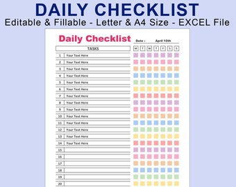 Daily Checklist Tasks for EXCEL. Printable Editable Fillable. Weekly Checklist Template. Daily Routine Planner. Weekly To Do List Schedule.