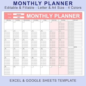 Monthly Planner Editable Fillable Printable. Monthly Calendar. EXCEL Spreadsheet - Google Sheets Template. Undated Monthly Schedule.