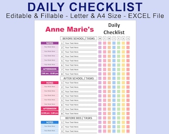 Editable Daily Checklist Template for KIDS. EXCEL Spreadsheet Template. Printable Fillable. Childs Responsability Chart. To Do List Chores.