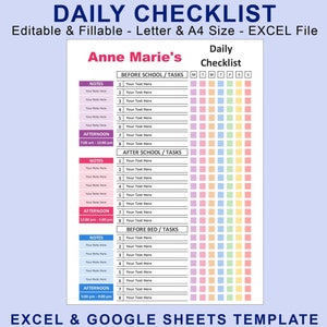 May include: A printable daily checklist template with the title "Daily Checklist" and the name "Anne Marie's" at the top. The template includes sections for tasks, notes, and a colorful progress tracker. The text "EXCEL & GOOGLE SHEETS TEMPLATE" is at the bottom.
