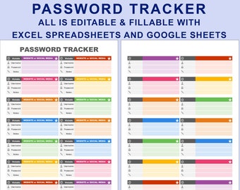 Password Tracker Template for EXCEL Spreasheets. Editable Fillable Printable. Password Tracker. Password Log. Password Organizer.