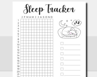 Puede incluir: Un rastreador de sueño imprimible con una ilustración de un gato. El rastreador tiene una cuadrícula para cada día del mes y una sección para notas. El texto "Sleep Tracker" está en la parte superior de la página. El texto "JFMAMJ JASOND" está debajo del título. El texto "YEAR" está en la parte inferior de la página.