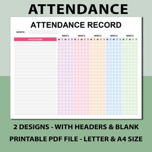 Pastel Colors Student Attendance Trackers (5 Weeks) Printable, Daycares, Homeschools, Preschools, Before and Aftercare Programs, PDF Prints.