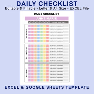 May include: A printable daily checklist template with a pastel color scheme. The template is divided into three sections: morning, afternoon, and evening. Each section has a grid of squares for listing tasks or habits. The template is titled "Daily Checklist" and includes the name "Anne Marie".
