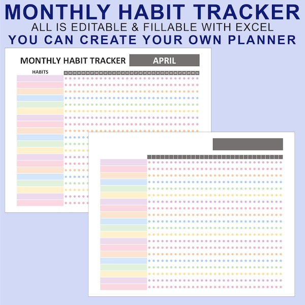 EXCEL Spreadsheet Template. Monthly Routine Planner. Editable - Printable - Fillable. Monthly Habit Tracker. 30 Days Habit Challenge.