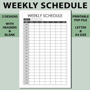 May include: A black and white printable weekly schedule planner with a header that says "Weekly Schedule". The planner has columns for each day of the week and rows for each hour of the day, from 4 AM to 12 PM. The planner is available in letter and A4 sizes.