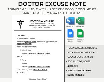 Les médecins notent le travail | Note d'excuse du médecin | Remarque du docteur | Lettre d'excuse du médecin | Note d'excuse de l'école | Docteur Excusez Excel | Google Documents