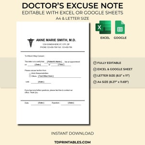 May include: A printable doctor's excuse note template in Excel and Google Sheets format. The template is fully editable and includes fields for the patient's name, date, time, and reason for absence. The template is available in both letter size (8.5 x 11 inches) and A4 size (8.27 x 11.69 inches).