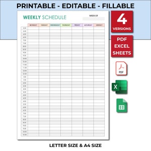 PDF Printable Editable Fillable: Weekly Half Hour Planner. Weekly Schedule. Daily Weekly Organizer. Weekly Timetable. Weekly To Do List.