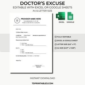 Modèle d&#39;excuse de médecin | Docteur Excuse Travail | Excuse du fournisseur de soins de santé | Lettre d&#39;excuse du médecin | Note du médecin pour le travail | Notes du médecin traitant