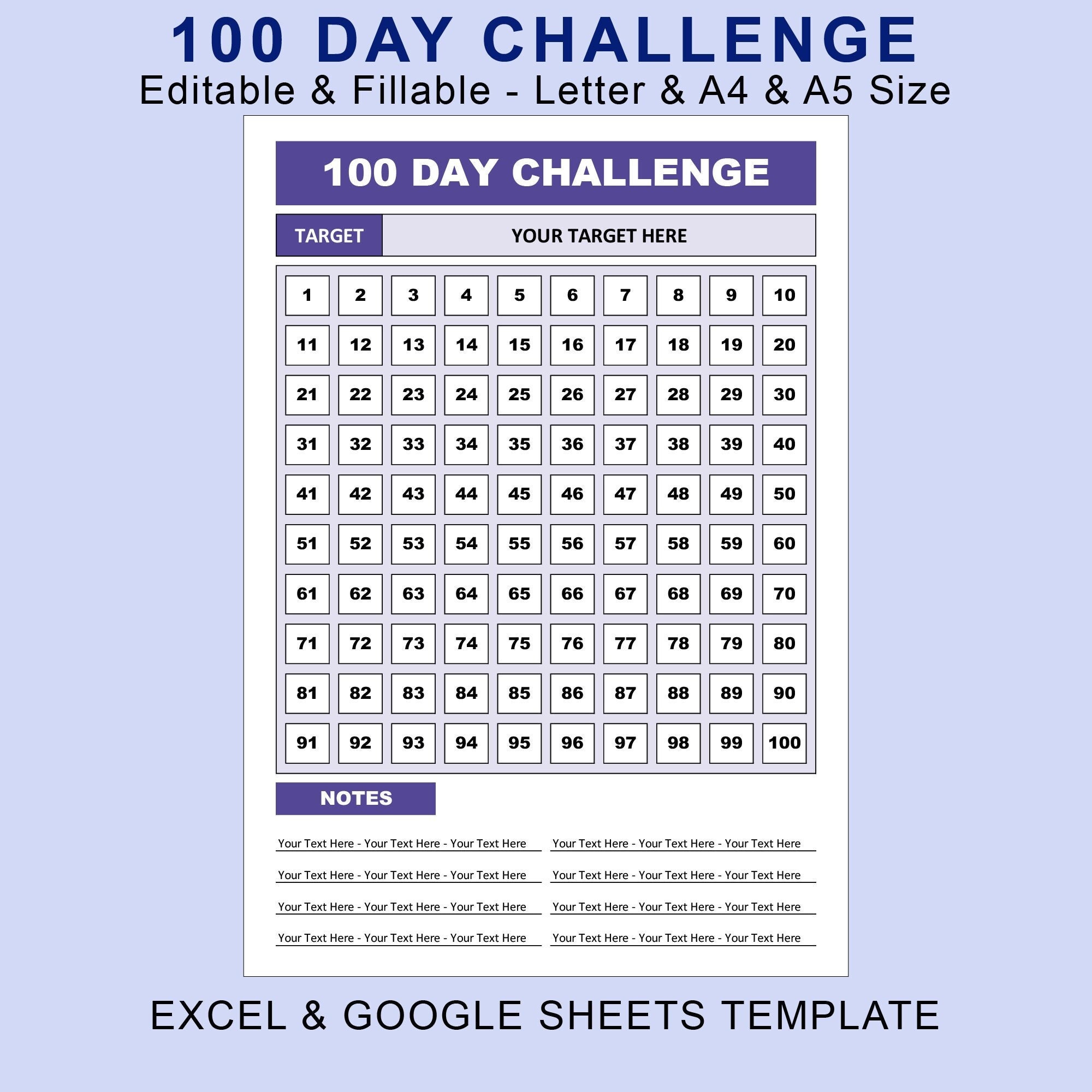 100 Day Challenge Printable Editable Fillable. Goal Setting Planer ...