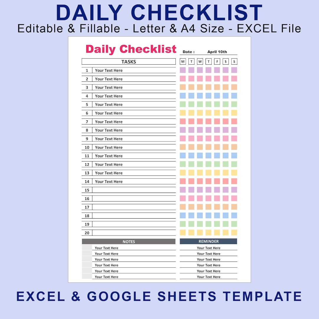 Daily Checklist Tasks for EXCEL. Printable Editable Fillable. Weekly ...