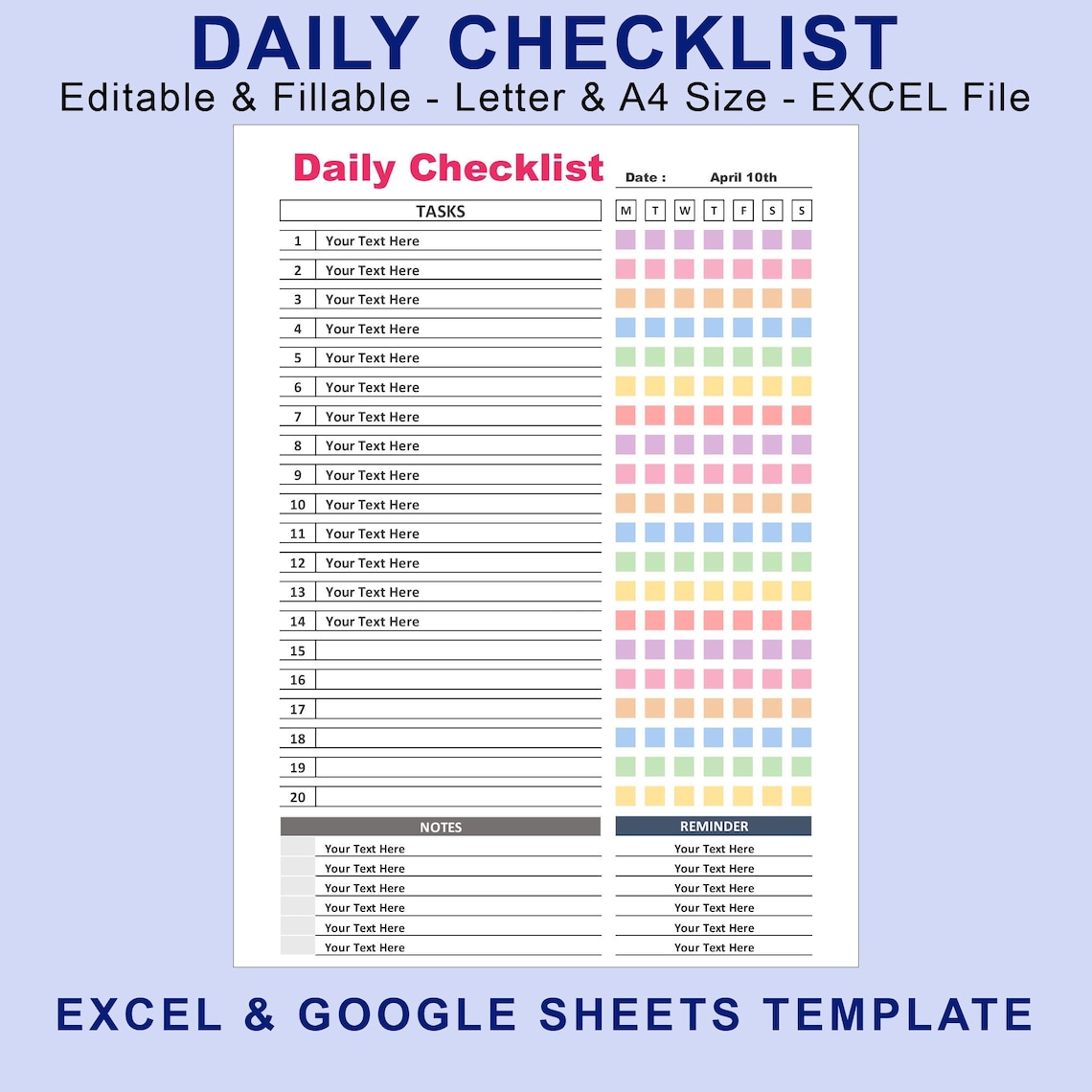 Daily Checklist Tasks for EXCEL Printable Editable Fillable Weekly Daily Checklist Tasks for EXCEL Printable Editable Fillable Weekly