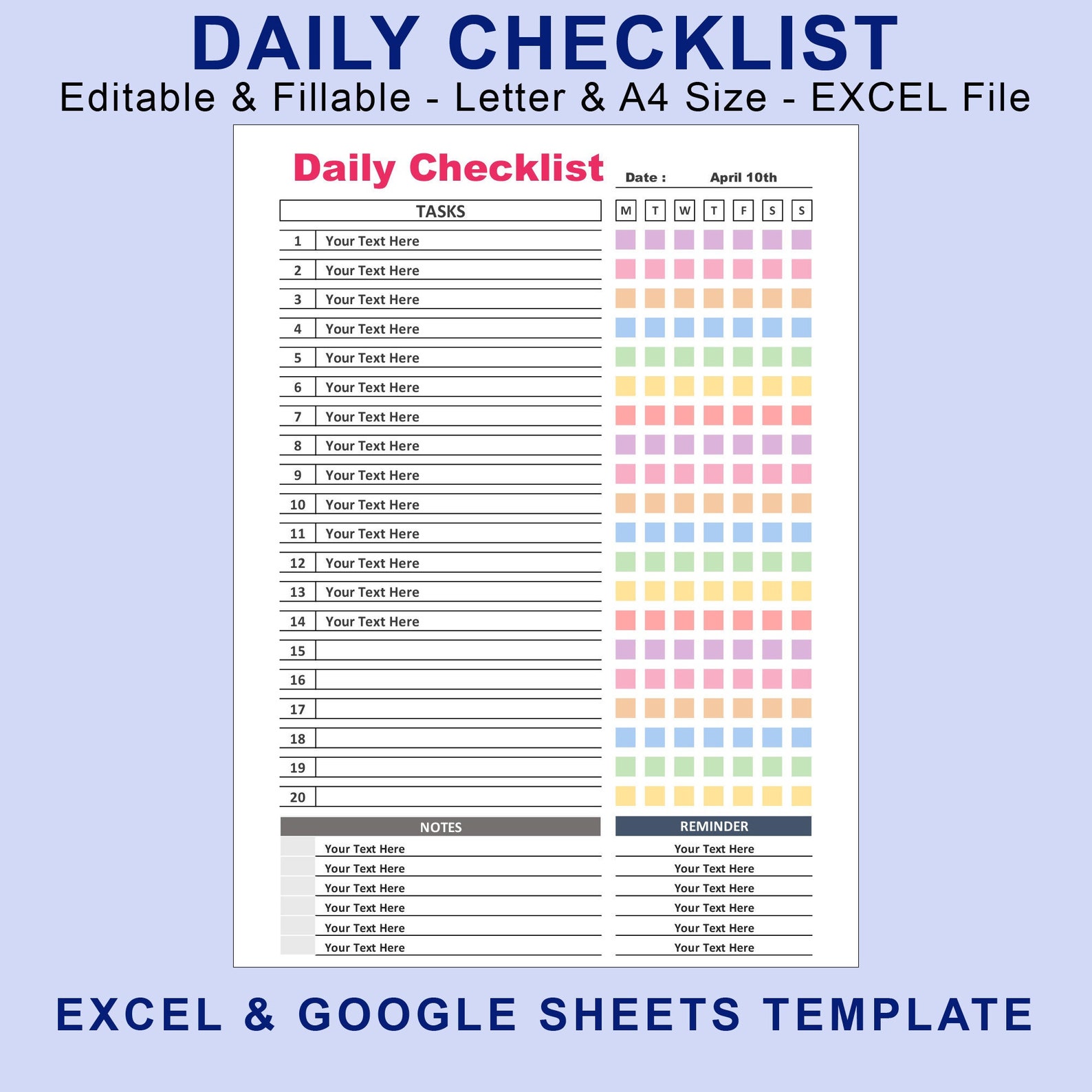 Daily Checklist Tasks for EXCEL. Printable Editable Fillable. Weekly ...