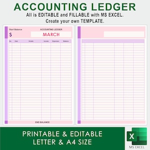 May include: A printable accounting ledger template for the month of March. The template is designed to be used with Microsoft Excel and includes columns for date, details, income, expenses, and balance. The template is available in letter and A4 sizes.
