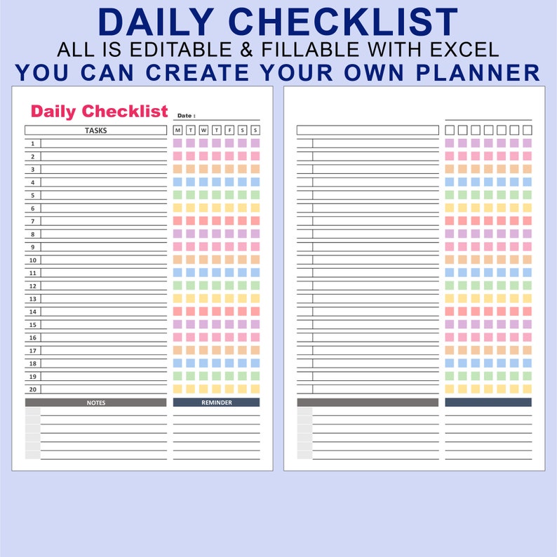 Daily Checklist Tasks for EXCEL. Printable Editable Fillable. Weekly ...