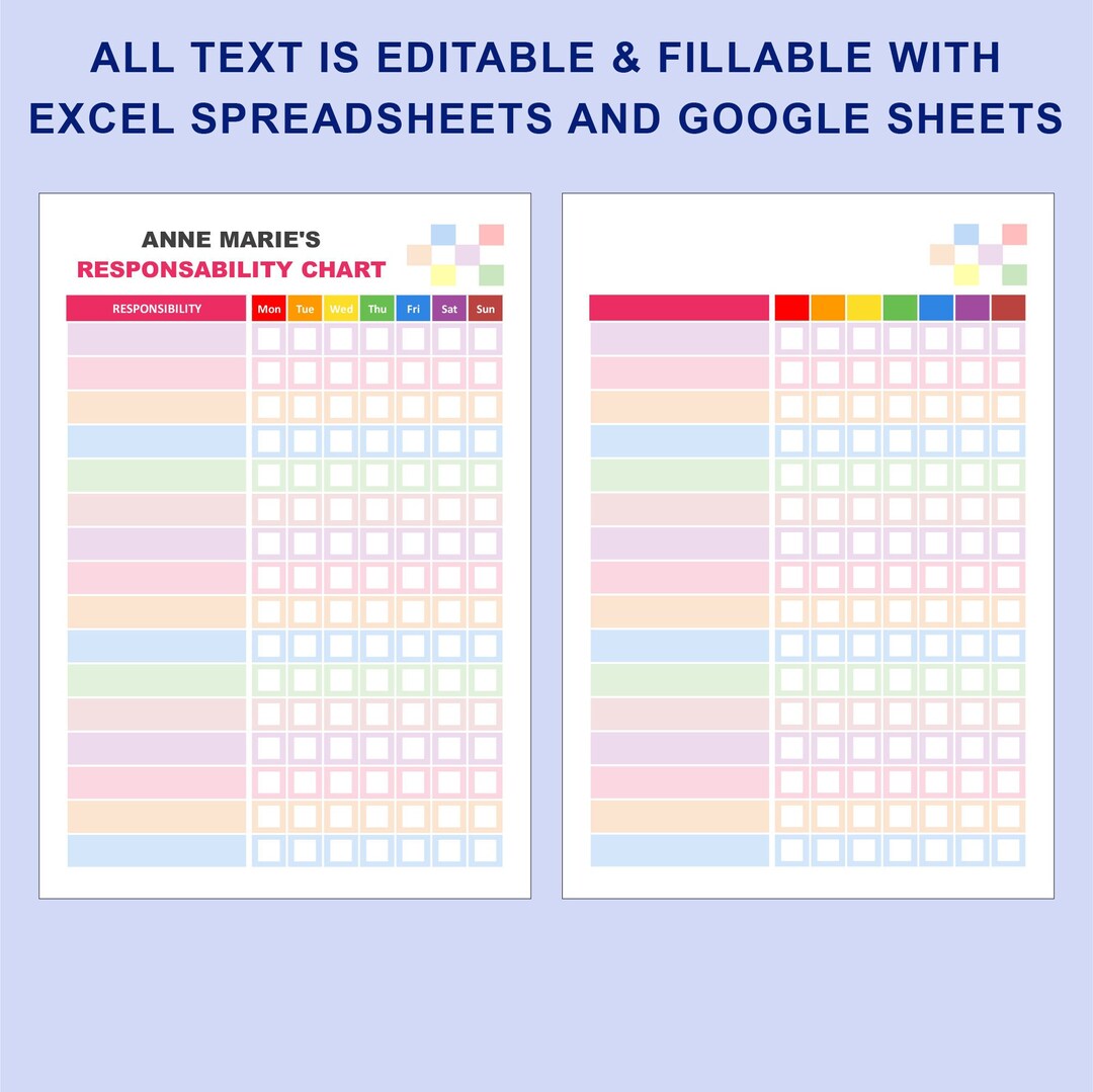 Custom Children Chore Chart Editable Fillable Printable. Excel Behavior ...