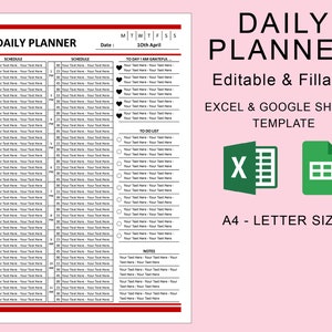 May include: A printable daily planner template in A4 or letter size, editable in Excel or Google Sheets. The planner includes sections for schedule, to-do list, and notes. The template has a red and black color scheme.
