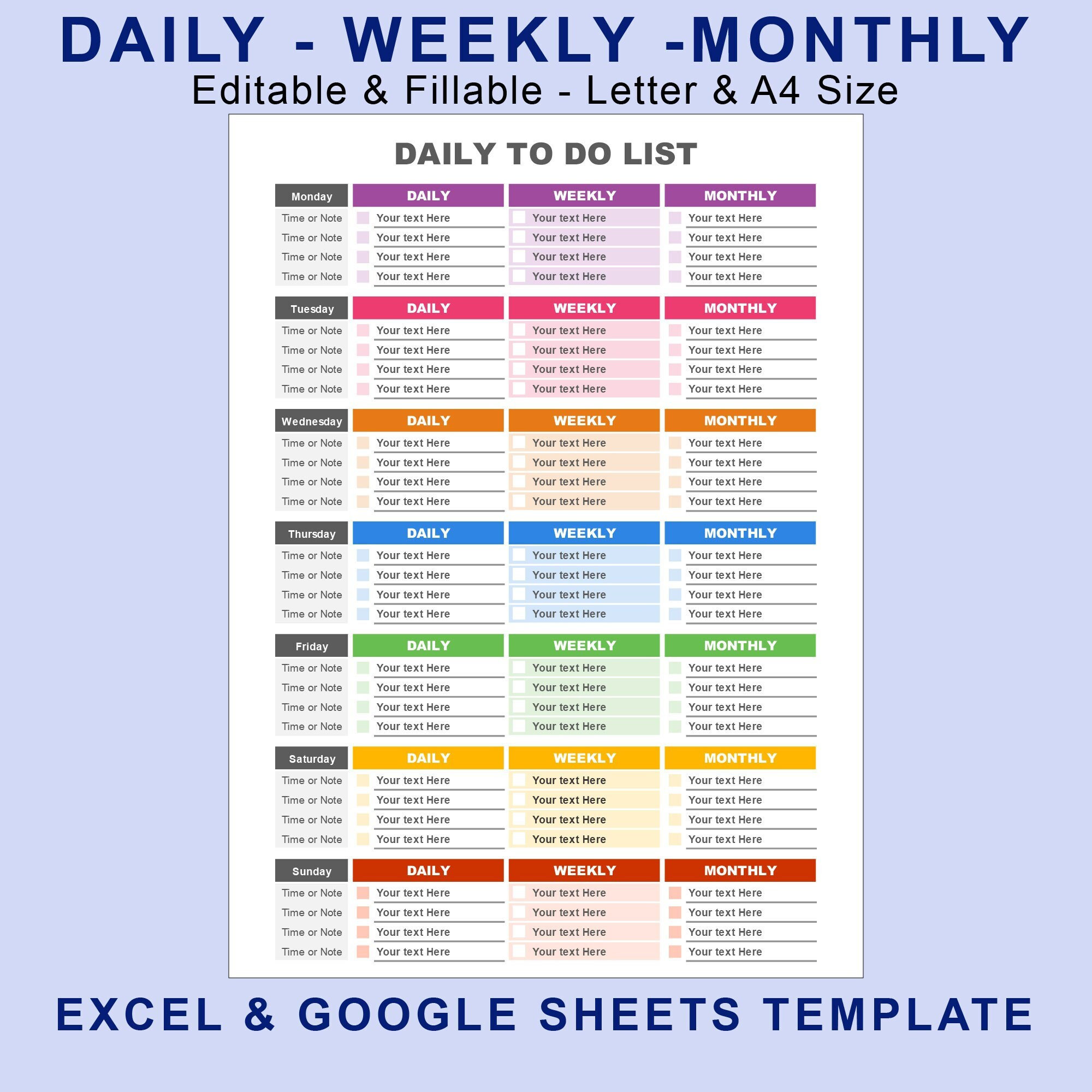 Excel google to do list planner template daily weekly monthly to do