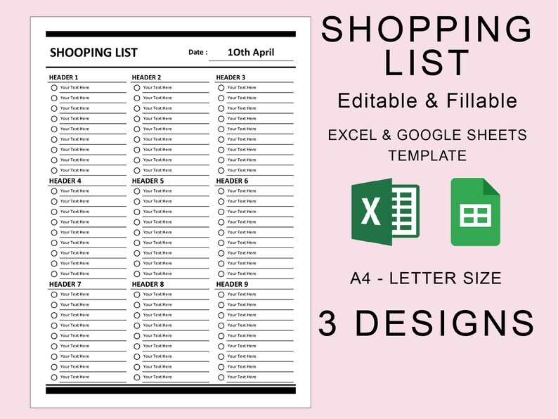 Printable Shopping List Planner Template. Editable Fillable EXCEL