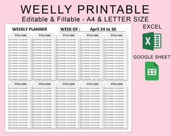 Weekly To Do Planner Checklist Editable Fillable. EXCEL Spreadsheet Google Sheets Template. To Do List Planner. Task List Template.