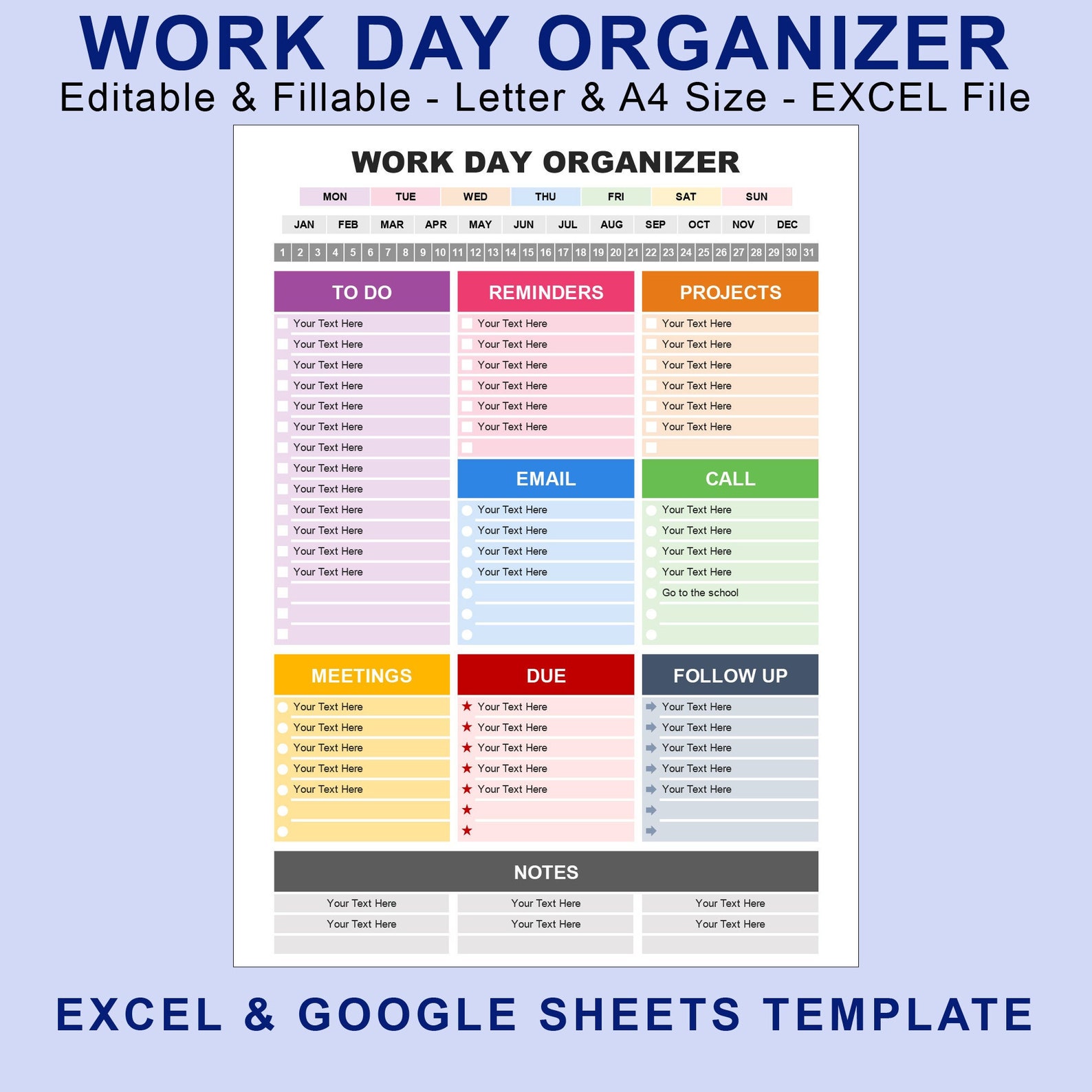 EXCEL Template Work Day Organizer Planner. Editable Printable Fillable