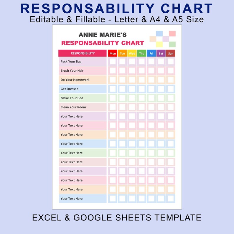 Custom Children Chore Chart Editable Fillable Printable. Excel Behavior