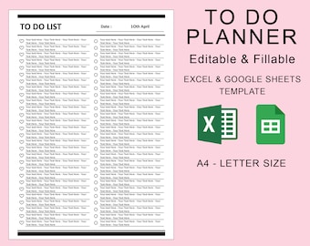 To Do List Planner Editable Fillable Printable. EXCEL Spreadsheet Google Sheets Template. Task List Template. Productivity Planner.