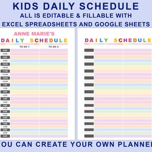 Kids Daily Schedule Template for EXCEL Spreasheets. Editable Fillable ...