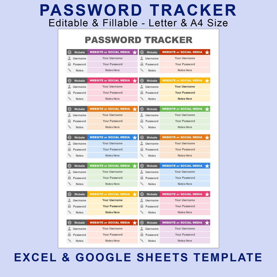 EXCEL Password Tracker Spreadsheet Template Password Book Password