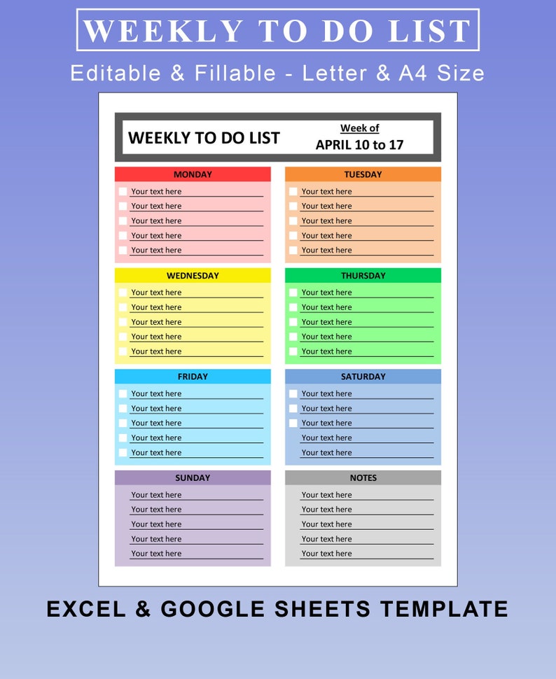 Week Checkbox Examples Weekly to List Printable Editable Fillable. Weekly to Do List Schedule ...