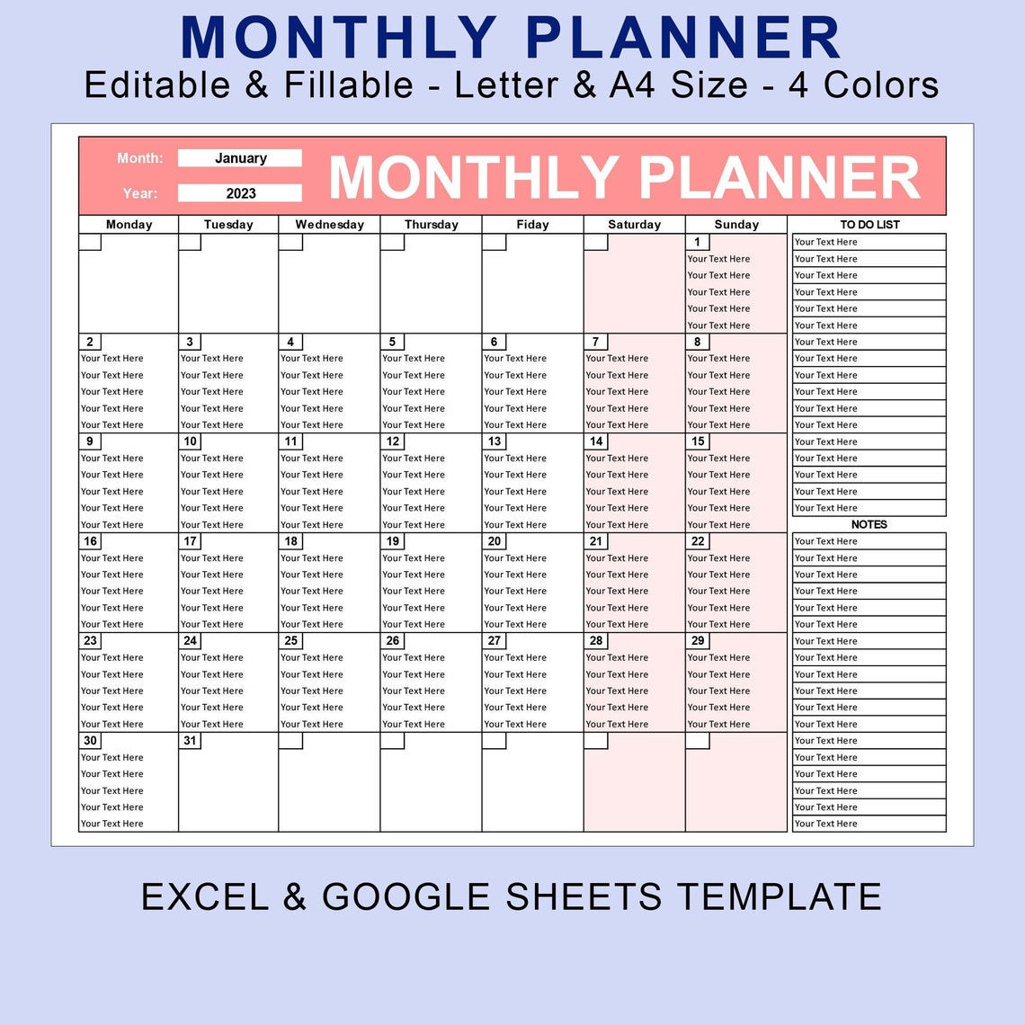 Monthly Planner Editable Fillable Printable. Monthly Calendar. EXCEL ...