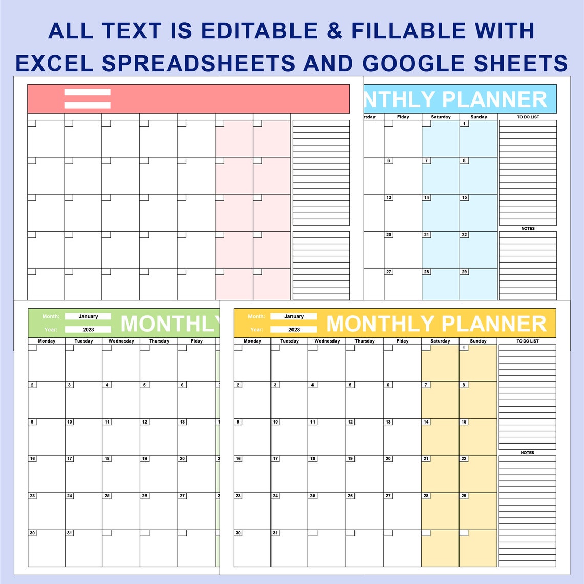 Monthly Planner Editable Fillable Printable. Monthly Calendar. EXCEL