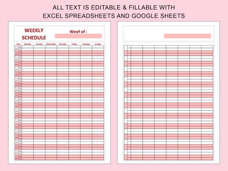 Printable Hourly Weekly Planner Editable Fillable. EXCEL Spreadsheets Google Sheets Template