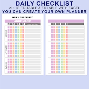 Kids Teens Daily Checklist. EXCEL Spreadsheet Template. Editable ...