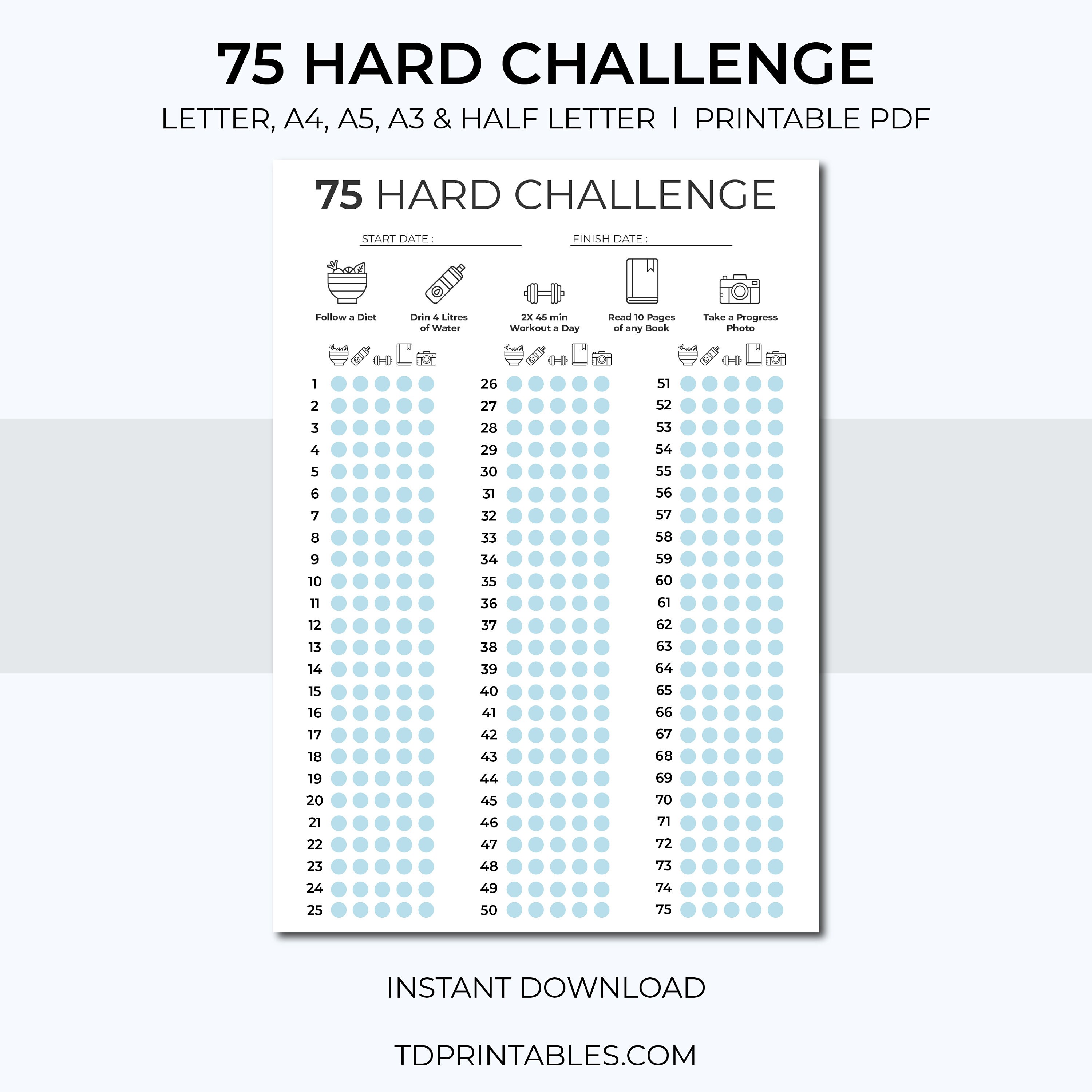 75 Hard Challenge Printable PDF Template Self Improvement Habit Workout ...