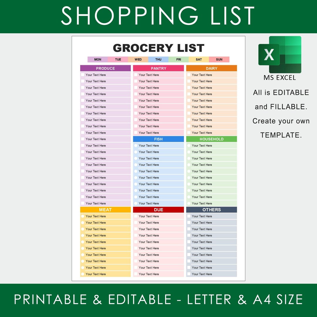 EXCEL Spread Sheet Template Grocery List, Grocery Planner, Grocery