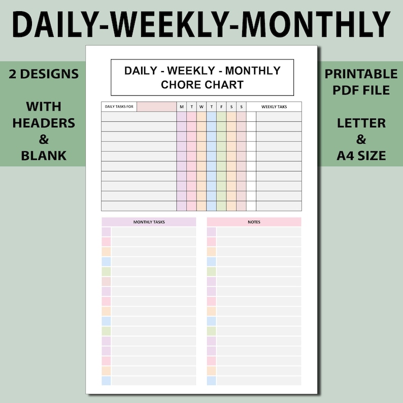 Daily Weekly Monthly Chore Chart Printable,tasks Day,tasks Week,tasks ...