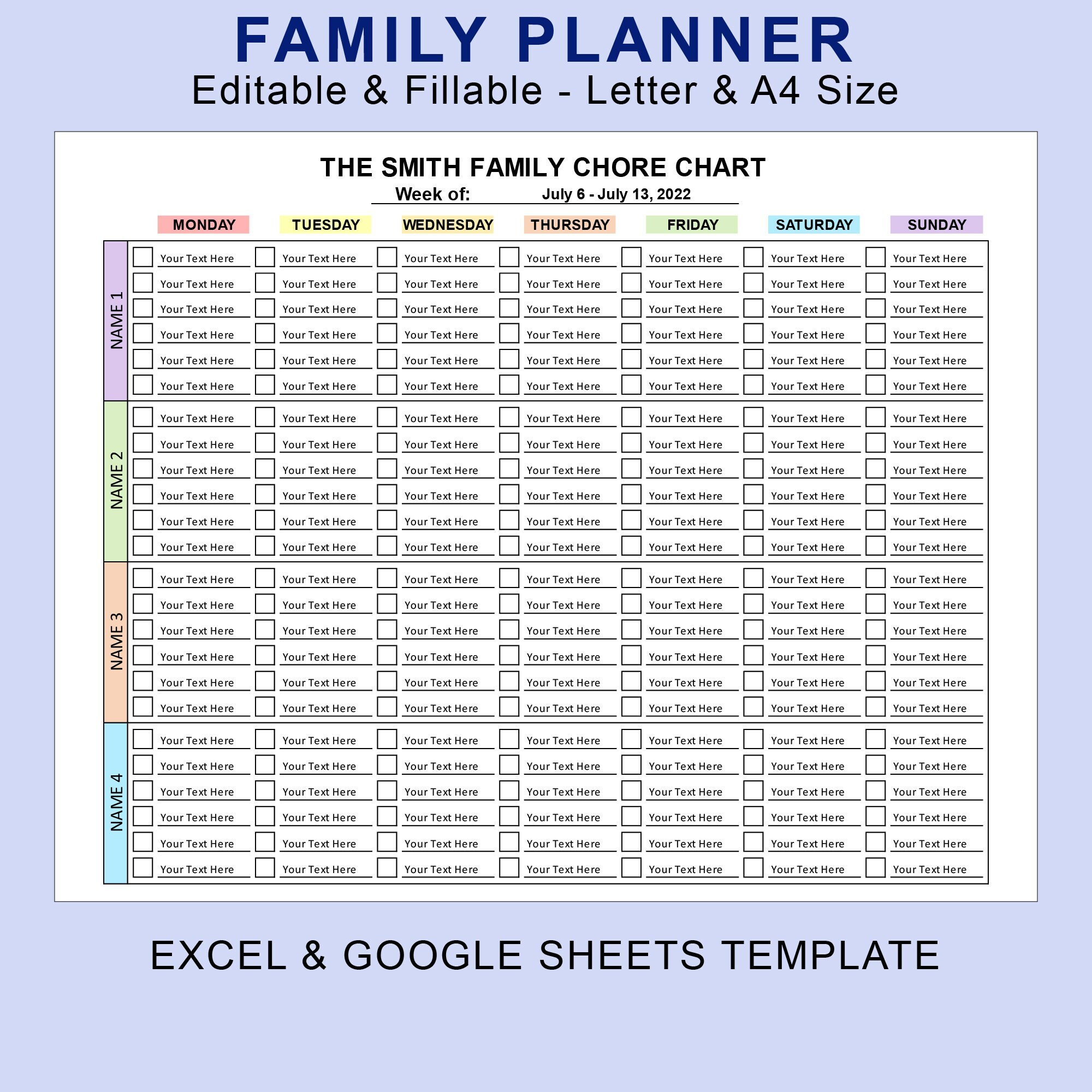 Weekly Family Planner Printable Editable Fillable. Family Schedule - Organizer - Calendar. EXCEL Spreadsheet - Google Sheets Template.